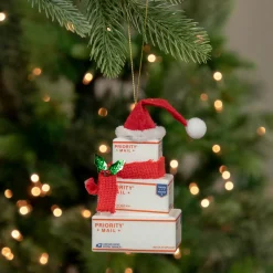 Sale 4.5" White and Red "USPS Priority Mail" Stacked Packages Santa Hat Christmas Ornament Occupations