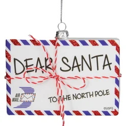 New 3.5" White Envelope "USPS Dear Santa" With Stripes Glass Christmas Ornament Santa Claus