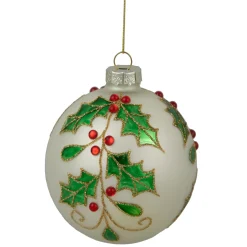 Sale 4.5" White Glass Christmas Ball Ornament with Holly Leaves Glass|Ball Ornaments