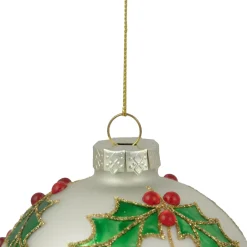 Sale 4.5" White Glass Christmas Ball Ornament with Holly Leaves Glass|Ball Ornaments