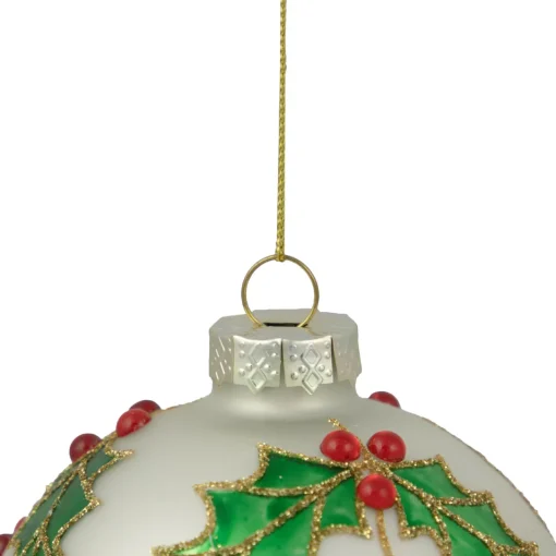 Sale 4.5" White Glass Christmas Ball Ornament with Holly Leaves Glass|Ball Ornaments