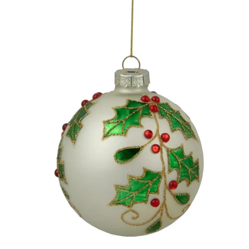 Sale 4.5" White Glass Christmas Ball Ornament with Holly Leaves Glass|Ball Ornaments