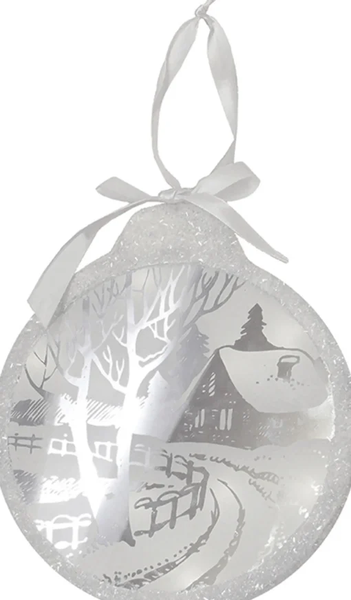 Online 8" White Pre-Lit LED Sparkle Winter Cottage Scene Round Christmas Ornament Novelty