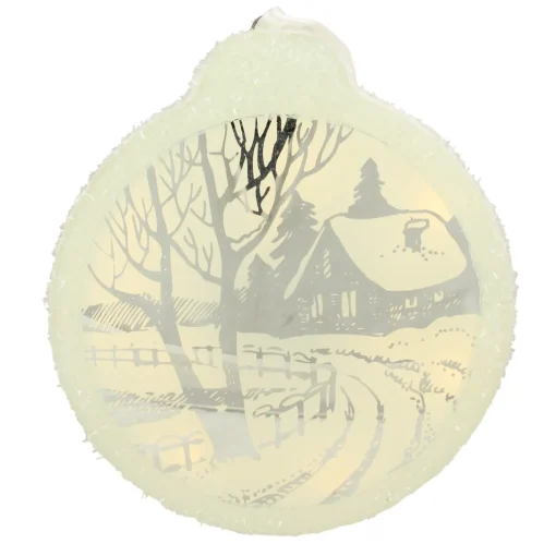Online 8" White Pre-Lit LED Sparkle Winter Cottage Scene Round Christmas Ornament Novelty