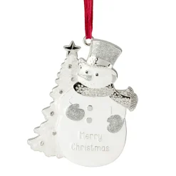 3.5" White Silver-Plated Snowman Merry Christmas Ornament with European Crystals Snowmen
