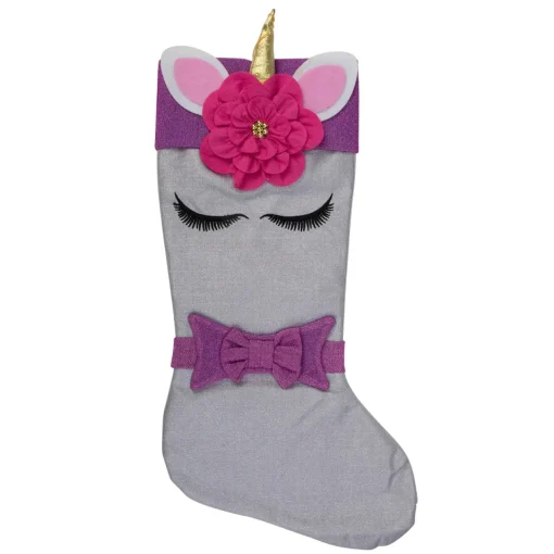 Hot 20" White Unicorn Face Christmas Stocking with Purple Bow and Cuff Stockings