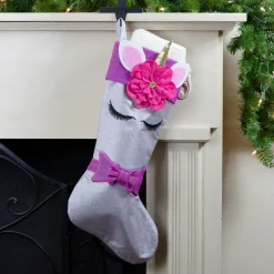 Hot 20" White Unicorn Face Christmas Stocking with Purple Bow and Cuff Stockings