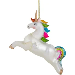 Hot 4.5" White Unicorn with Rainbow Mane Glittered Christmas Glass Ornament Animals