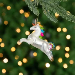 Hot 4.5" White Unicorn with Rainbow Mane Glittered Christmas Glass Ornament Animals