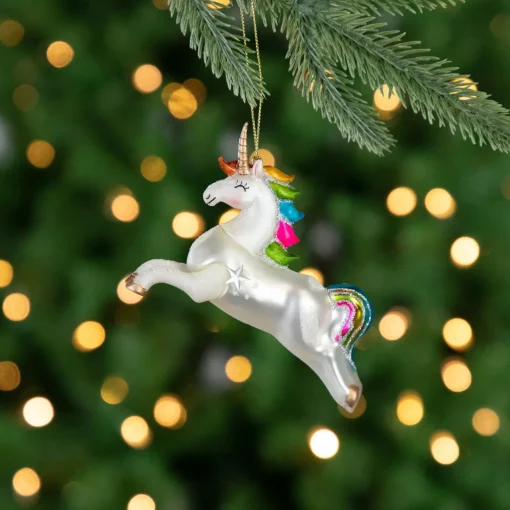 Hot 4.5" White Unicorn with Rainbow Mane Glittered Christmas Glass Ornament Animals