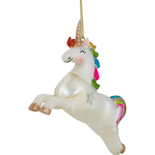 Hot 4.5" White Unicorn with Rainbow Mane Glittered Christmas Glass Ornament Animals