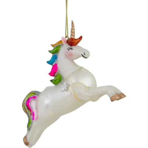Hot 4.5" White Unicorn with Rainbow Mane Glittered Christmas Glass Ornament Animals