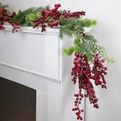 Best 5' x 8" Frosted Red Berry and Pine Artificial Christmas Garland, Unlit Unlit