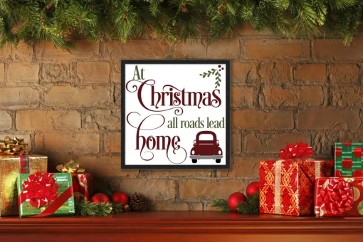 New All Roads Lead Home 17.5" x 17.5" Framed Christmas Wall Decor Art Print Sign Poster in a Black Wooden Frame with UV Acrylic and Hangers Wall
