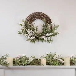 Artificial Christmas Twig Wreath with Frosted Foliage and Berries, 24-Inch, Unlit Unlit