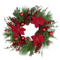New Artificial Red Berry and Poinsettia Christmas Wreath, 28-Inch, Unlit Unlit