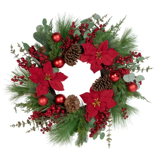 New Artificial Red Berry and Poinsettia Christmas Wreath, 28-Inch, Unlit Unlit