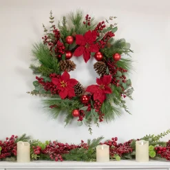 New Artificial Red Berry and Poinsettia Christmas Wreath, 28-Inch, Unlit Unlit