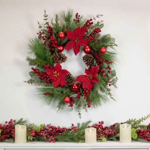 New Artificial Red Berry and Poinsettia Christmas Wreath, 28-Inch, Unlit Unlit