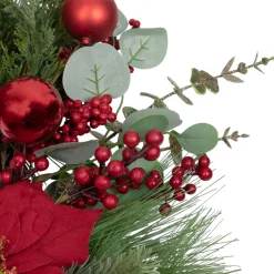 New Artificial Red Berry and Poinsettia Christmas Wreath, 28-Inch, Unlit Unlit