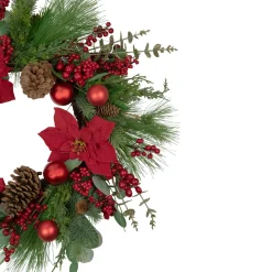 New Artificial Red Berry and Poinsettia Christmas Wreath, 28-Inch, Unlit Unlit