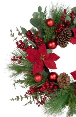 New Artificial Red Berry and Poinsettia Christmas Wreath, 28-Inch, Unlit Unlit
