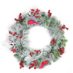 Discount Berries and Cardinals Nests Flocked Pine Artificial Christmas Wreath - 24" - Unlit Unlit