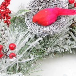 Discount Berries and Cardinals Nests Flocked Pine Artificial Christmas Wreath - 24" - Unlit Unlit