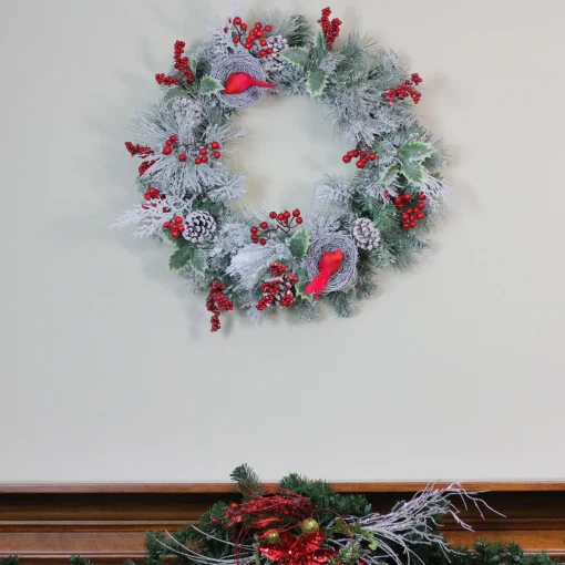 Discount Berries and Cardinals Nests Flocked Pine Artificial Christmas Wreath - 24" - Unlit Unlit