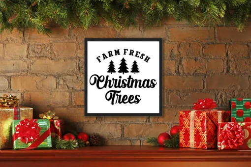 New Black and White Christmas Trees 15.5" x 15.5" Framed Christmas Wall Decor Art Print Sign Poster in a Black Wooden Frame with UV Acrylic and Hangers Wall