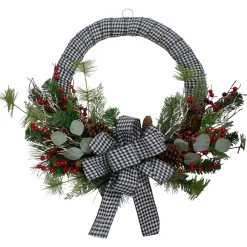 New Black and White Houndstooth and Berry Artificial Christmas Wreath - 24-Inch, Unlit Unlit