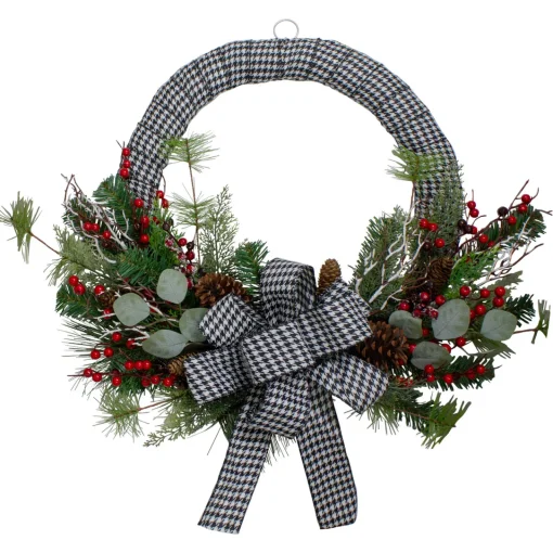New Black and White Houndstooth and Berry Artificial Christmas Wreath - 24-Inch, Unlit Unlit