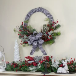 New Black and White Houndstooth and Berry Artificial Christmas Wreath - 24-Inch, Unlit Unlit