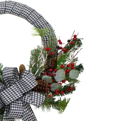 New Black and White Houndstooth and Berry Artificial Christmas Wreath - 24-Inch, Unlit Unlit