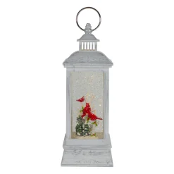 Brushed Christmas Cardinals Snow Globe Lantern - 11" - White and Silver Lanterns