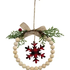 Online Buffalo Plaid Snowflake Wooden Beads Christmas Wreath Ornament - 7" Icicles|Snowflakes