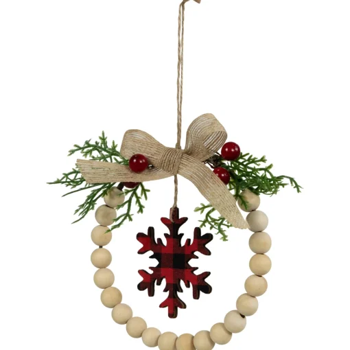 Online Buffalo Plaid Snowflake Wooden Beads Christmas Wreath Ornament - 7" Icicles|Snowflakes