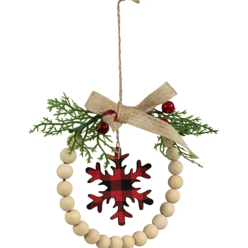 Online Buffalo Plaid Snowflake Wooden Beads Christmas Wreath Ornament - 7" Icicles|Snowflakes