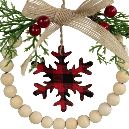 Online Buffalo Plaid Snowflake Wooden Beads Christmas Wreath Ornament - 7" Icicles|Snowflakes