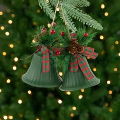 Outlet Christmas Bells with Pinecones and Plaid Bow Ornaments - 7" - Green - Set of 2 Finials|Pendants