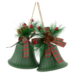 Outlet Christmas Bells with Pinecones and Plaid Bow Ornaments - 7" - Green - Set of 2 Finials|Pendants