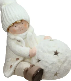 Christmas Snowball with Sitting Boy Tealight Candle Holder - 12.5" - White Candle Holders