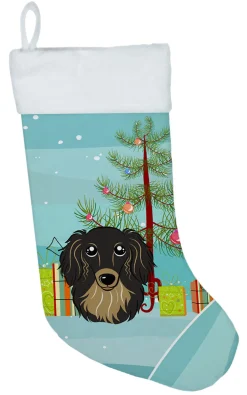 Discount Christmas Tree and Longhair Black and Tan Dachshund Christmas Stocking BB1585CS Stockings