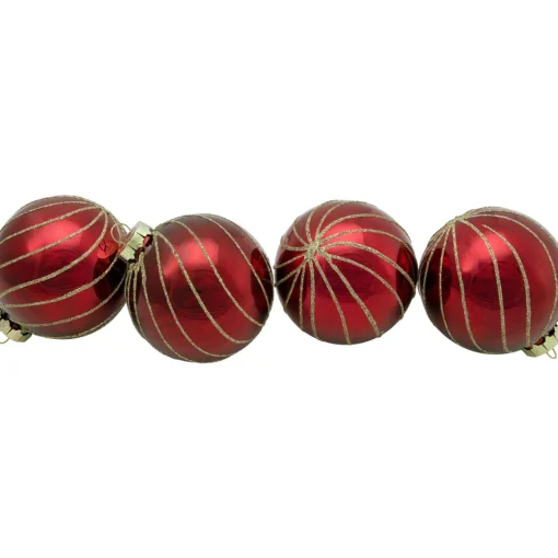 Sale 4ct Burgundy Red and Gold Glitter Striped Glass Christmas Ball Ornaments 3" (76mm) Glass|Ball Ornaments