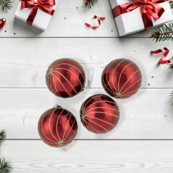 Sale 4ct Burgundy Red and Gold Glitter Striped Glass Christmas Ball Ornaments 3" (76mm) Glass|Ball Ornaments