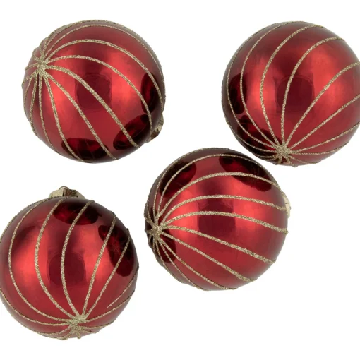 Sale 4ct Burgundy Red and Gold Glitter Striped Glass Christmas Ball Ornaments 3" (76mm) Glass|Ball Ornaments