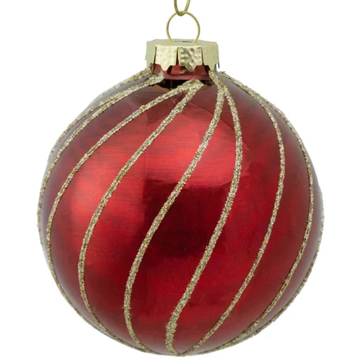 Sale 4ct Burgundy Red and Gold Glitter Striped Glass Christmas Ball Ornaments 3" (76mm) Glass|Ball Ornaments