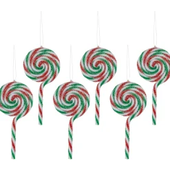 6ct Frosted White, Green and Red Lollipop Christmas Ornaments 7" Food & Beverage