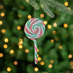 6ct Frosted White, Green and Red Lollipop Christmas Ornaments 7" Food & Beverage