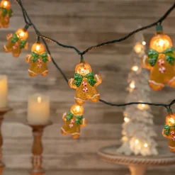 10ct Gingerbread Man Christmas Lights, Clear Lights, Green Wire Novelty
